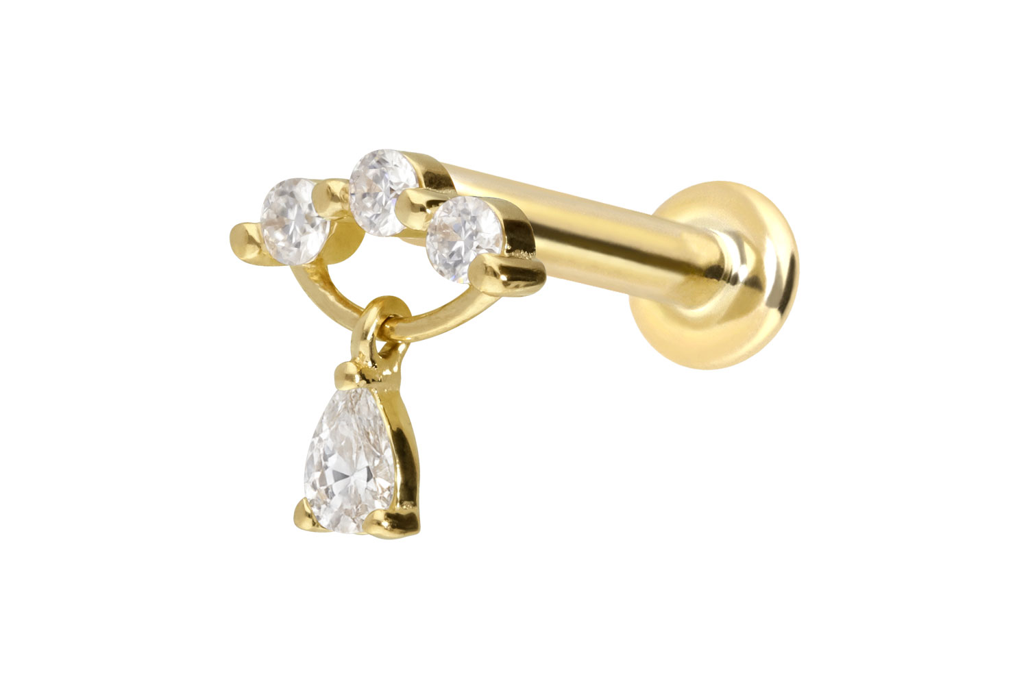 14 Karat Gold Labret Piercing mit Innengewinde MOISSANIT-BOGEN + MOISSANIT-TROPFEN